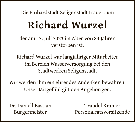 Todesanzeige von Richard Wurzel von OF