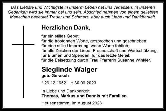 Todesanzeige von Sieglinde Walger von OF