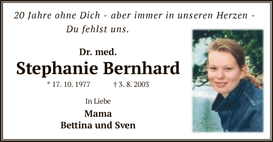 Todesanzeige von Stephanie Bernhard von OF