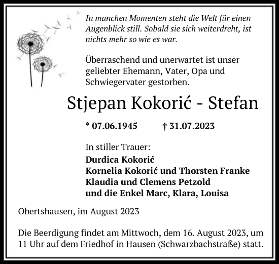Todesanzeige von Stjepan Kokoric-Stefan von OF