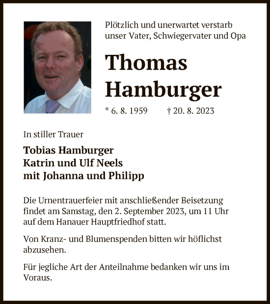 Todesanzeige von Thomas Hamburger von OF