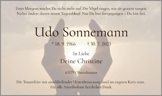 Todesanzeige von Udo Sonnemann von OF