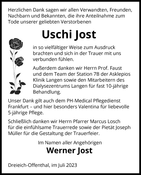 Todesanzeige von Uschi Jost von OF