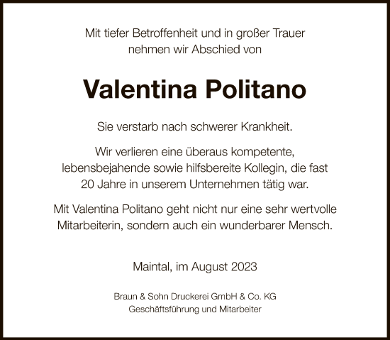 Todesanzeige von Valentina Politano von OF