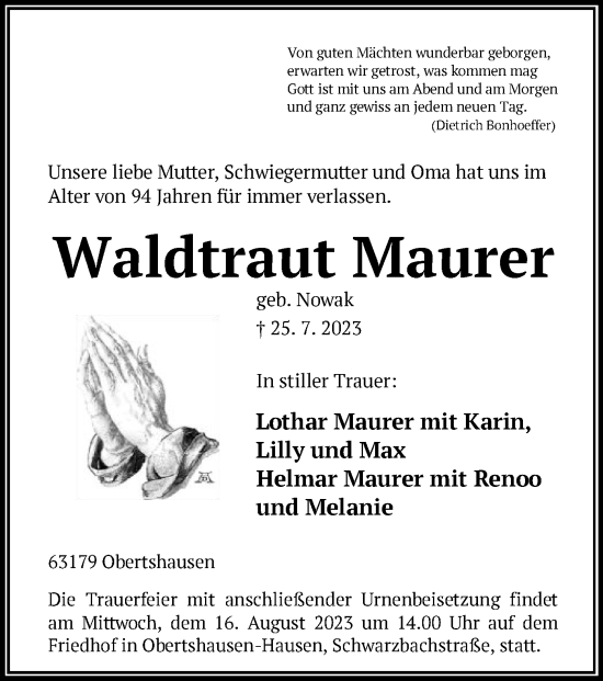 Todesanzeige von Waldtraut Maurer von OF