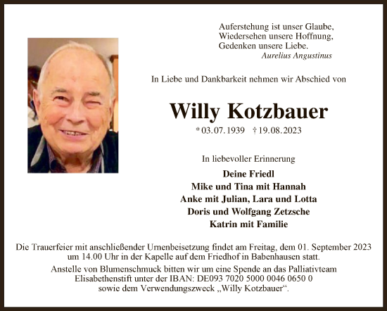 Todesanzeige von Willy Kotzbauer von OF