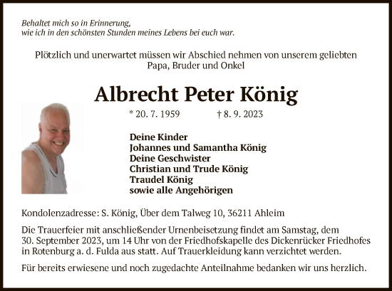 Todesanzeige von Albrecht Peter König von OF