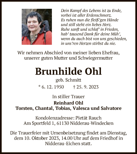 Todesanzeige von Brunhilde Ohl von OF