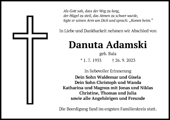Todesanzeige von Danuta Adamski von OF