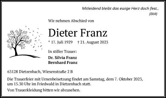 Todesanzeige von Dieter Franz von OF