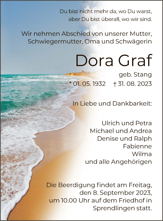 Todesanzeige von Dora Graf von OF