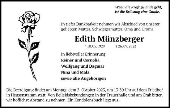 Todesanzeige von Edith Münzberger von OF