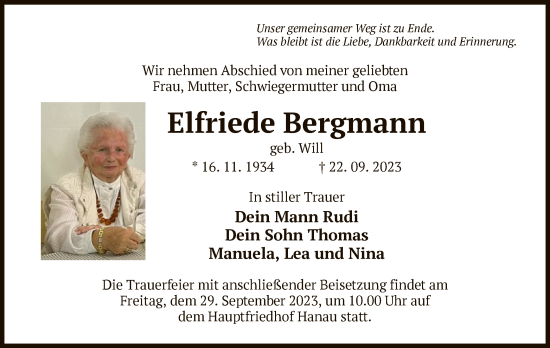 Todesanzeige von Elfriede Bergmann von OF