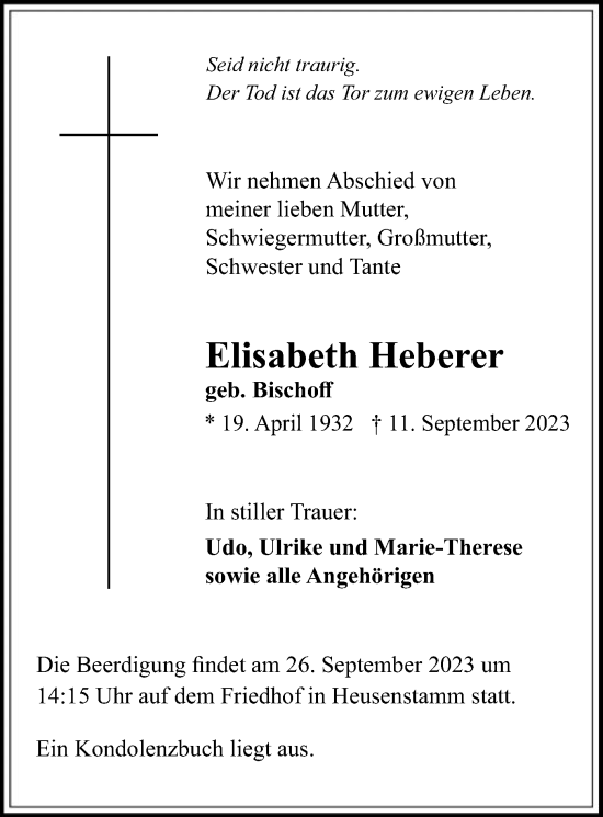 Todesanzeige von Elisabeth Heberer von OF