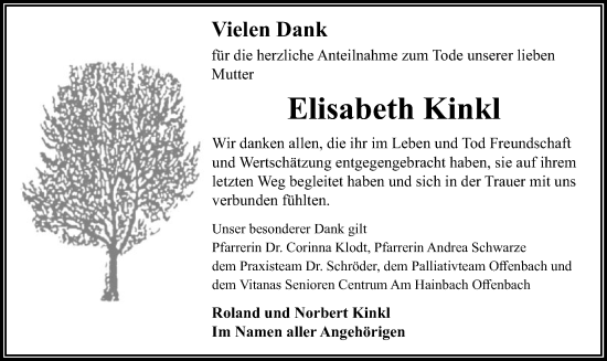 Todesanzeige von Elisabeth Kinkl von OF