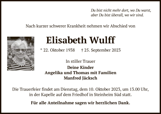 Todesanzeige von Elisabeth Wulff von OF