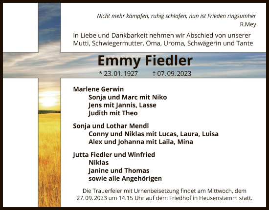 Todesanzeige von Emmy Fiedler von OF