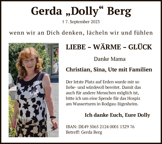 Todesanzeige von Gerda Berg von OF