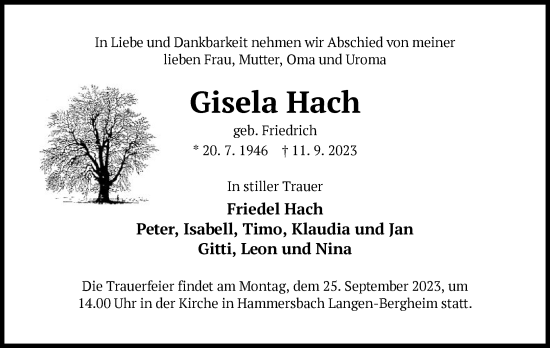 Todesanzeige von Gisela Hach von OF