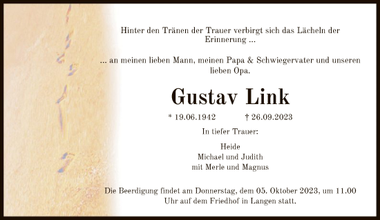 Todesanzeige von Gustav Link von OF