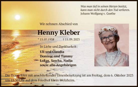 Todesanzeige von Henny Kleber von OF