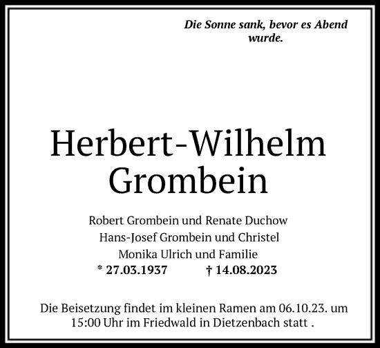 Todesanzeige von Herbert-Wilhelm Grombein von OF