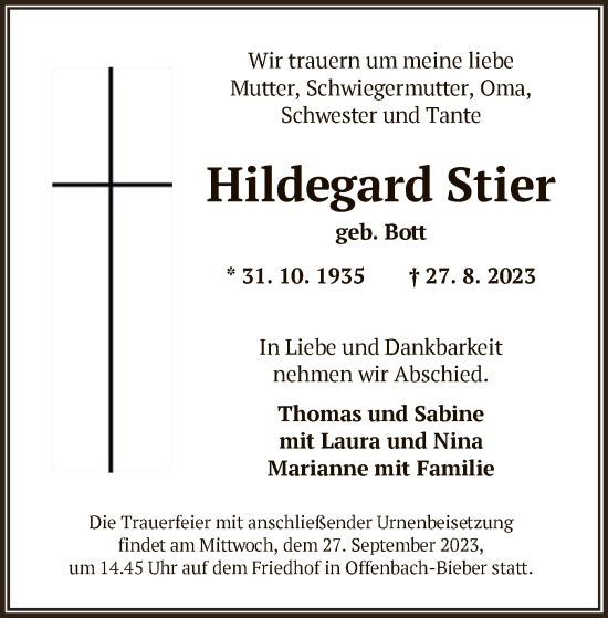 Todesanzeige von Hildegard Stier von OF