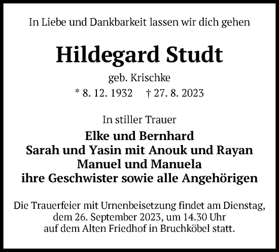 Todesanzeige von Hildegard Studt von OF