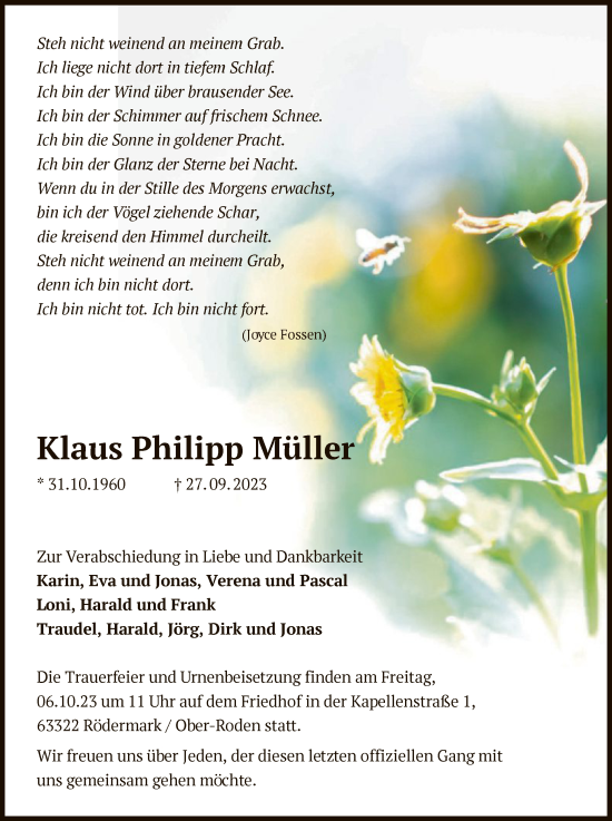 Todesanzeige von Klaus Philipp Müller von OF