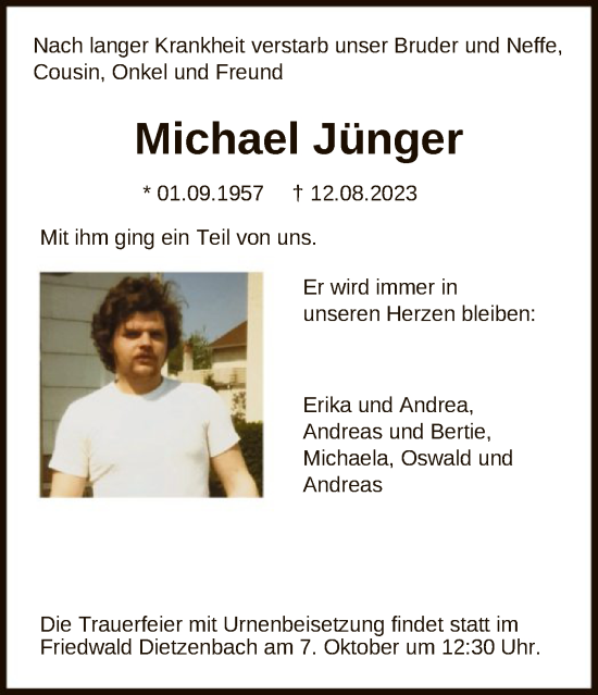 Todesanzeige von Michael Jünger von OF
