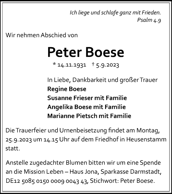 Todesanzeige von Peter Boese von OF