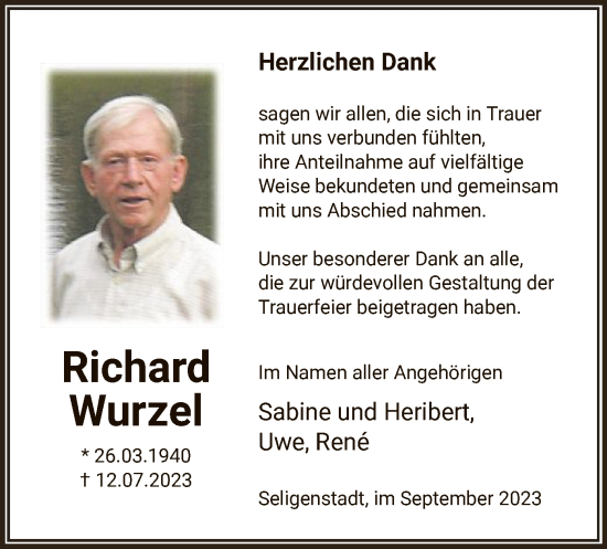 Todesanzeige von Richard Wurzel von OF