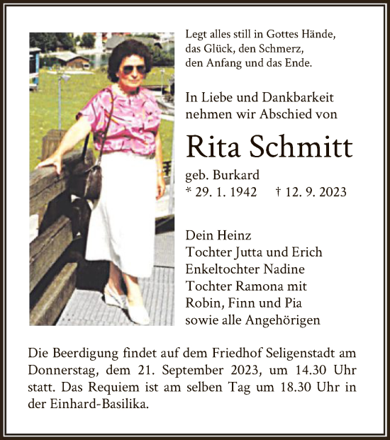 Todesanzeige von Rita Schmitt von OF