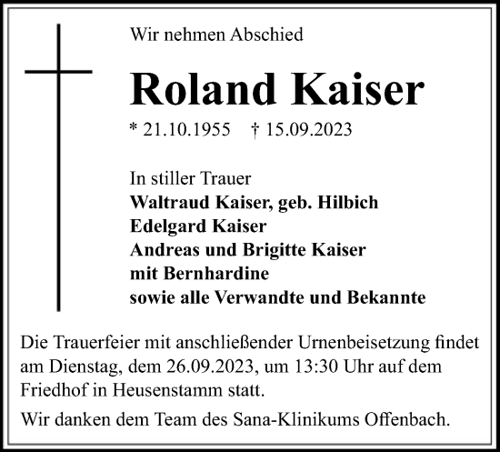 Todesanzeige von Roland Kaiser von OF