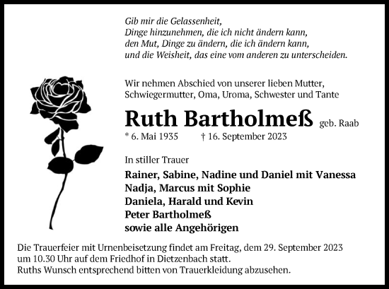 Todesanzeige von Ruth Bartholmeß von OF