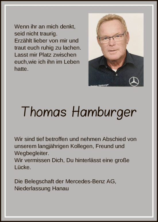 Todesanzeige von Thomas Hamburger von OF