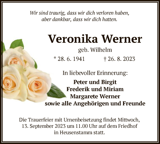 Todesanzeige von Veronika Werner von OF