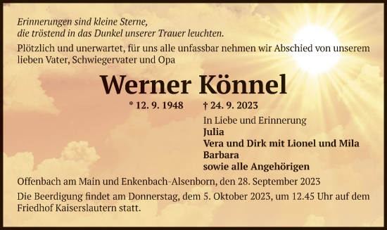 Todesanzeige von Werner Könnel von OF