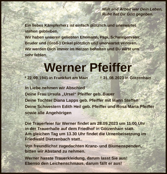 Todesanzeige von Werner Pfeiffer von OF