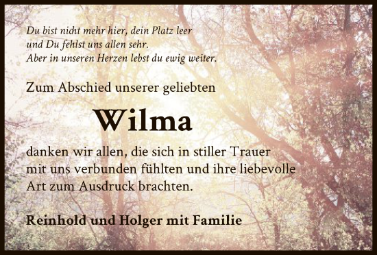 Todesanzeige von Wilma  von OF