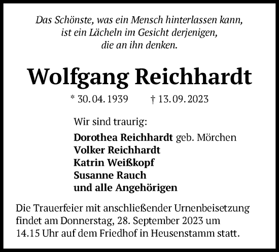 Todesanzeige von Wolfgang Reichhardt von OF