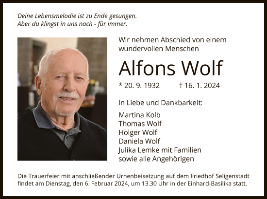 Todesanzeige von Alfons Wolf von OF