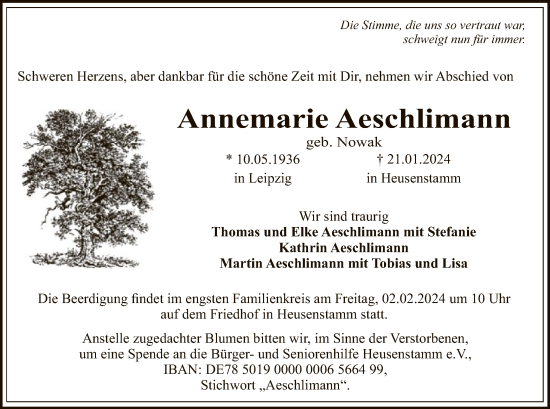 Todesanzeige von Annemarie Aeschlimann von OF