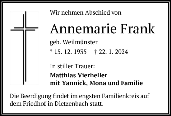 Todesanzeige von Annemarie Frank von OF