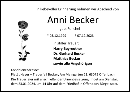 Todesanzeige von Anni Becker von OF