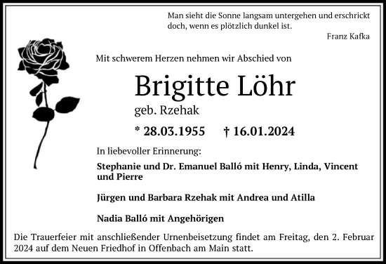 Todesanzeige von Brigitte Löhr von OF