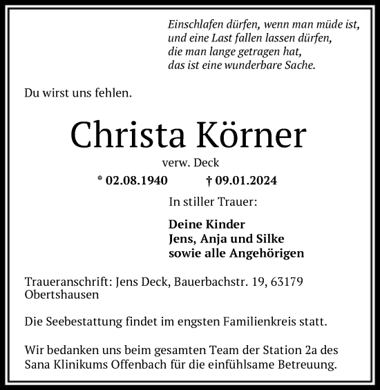Todesanzeige von Christa Körner von OF