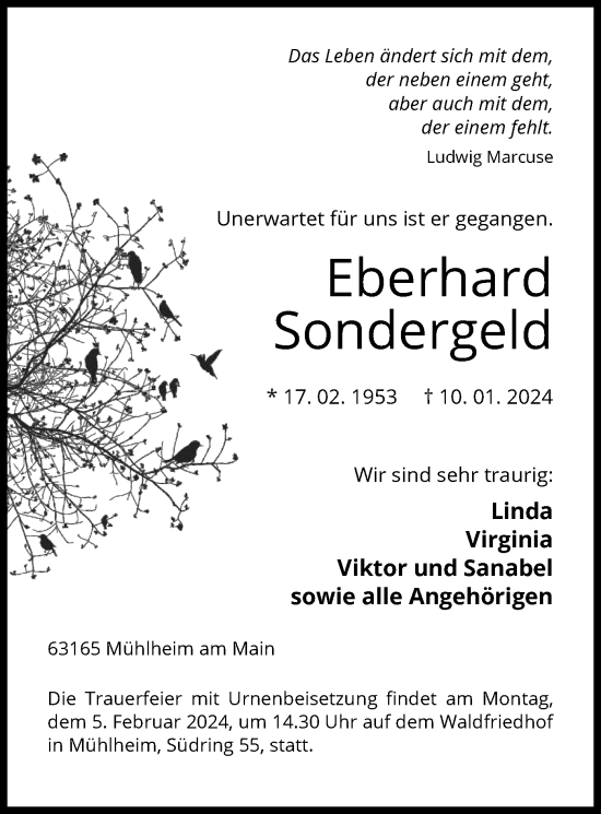 Todesanzeige von Eberhard Sondergeld von OF