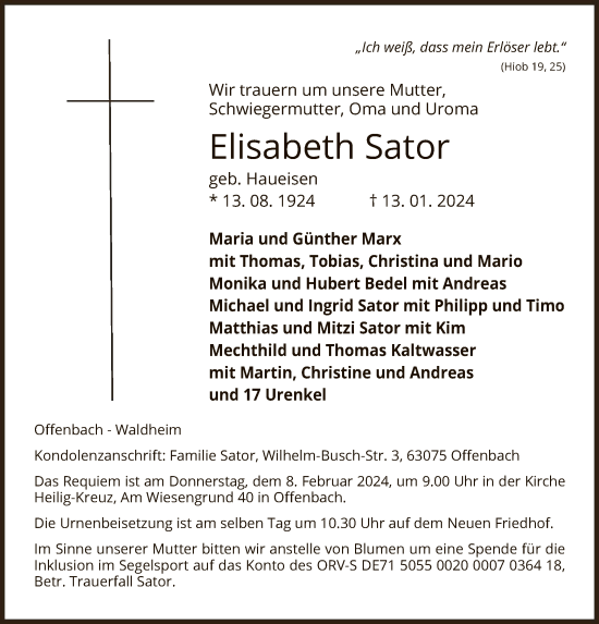 Todesanzeige von Elisabeth Sator von OFOF