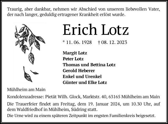Todesanzeige von Erich Lotz von OF